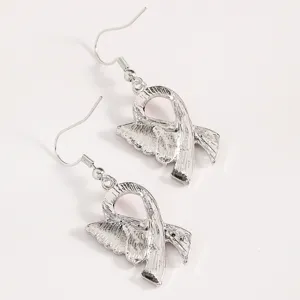 Silver metal angel wing ribbon dangle earrings, elegant awareness drop earrings for daily wear.