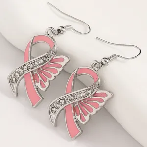 Elegant pink ribbon rhinestone wing dangle earrings for women fashion daily jewelry