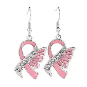 Pink ribbon angel wings rhinestone dangle earrings for women fashion jewelry gift accessory