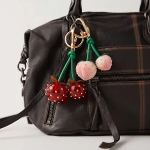 Cute strawberry fruit bag charm resin keychain with gold hardware aesthetic accessory handbag pendant