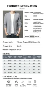 Detailed view of casual knitted cardigan size chart and fabric info for men's fashion wear.