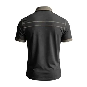 Vista posteriore di polo manica corta da uomo in grigio scuro con collo kaki a contrasto.