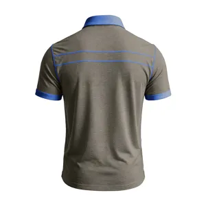 Dettaglio polo manica corta da uomo, maglia grigia traspirante con dettagli blu scuro.