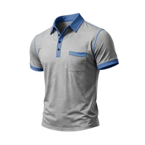 Dettaglio polo manica corta uomo, top grigio con bordo a contrasto blu e taschino sul petto.