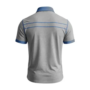 Polo manica corta uomo vista posteriore, colletto blu, design estivo casual e traspirante.