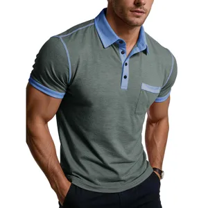 Dettaglio polo uomo manica corta, design colletto a contrasto, tessuto traspirante.