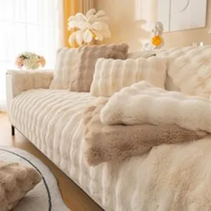 Winter Thick Plush Sofa Cover Minimalist Faux Rabbit Fur Non-Slip Sectional Sofa Cushion Mat For Living Room Decorative Protector