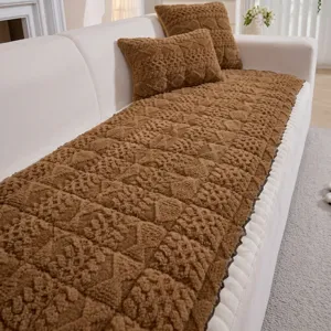 Thickened plush sofa cushion detail, soft brown faux fur fabric for living room decor