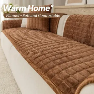 Brown plush flannel sofa cushion detail, thick anti-slip one-piece cover for home living room.