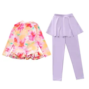 Kinder Langarm Blumenmuster geteiltes Badeanzug-Set mit Rock-Leggings für Mädchen.