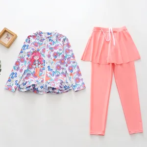 Mädchen Blumen Meerjungfrau Langarm Reißverschluss Bikini Set mit Rock Hosen für Kinder.