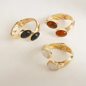 Gold-tone open cuff bracelet set featuring minimalist oval resin stones for women jewelry