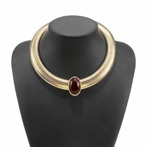 Wide snake bone chain choker necklace with dark red oval gemstone metal collar jewelry