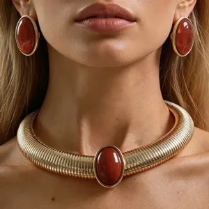 Vintage Wide Herringbone Snake Chain Choker Necklace Personalized Oval Gemstone Metal Texture Collar Necklace Punk Jewelry For Women