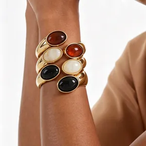 Chunky gold-tone open cuff bracelet stackable oval stone fashion wrist jewelry for women