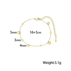 Gold multi-bead bracelet with 3mm 4mm 5mm spheres and 16+5cm adjustable chain for women.