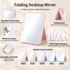 Miroir de maquillage de bureau pliable, miroir de courtoisie en plastique avec support.