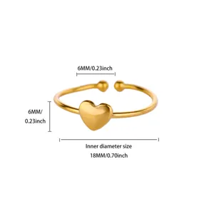 Gold stainless steel heart ring detail view showing 18mm inner diameter and 6mm heart size.