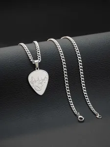 Stainless steel guitar pick pendant necklace detail, silver music note jewelry charm chain.