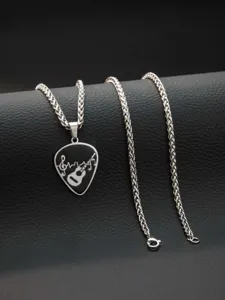 Stainless steel silver guitar pick pendant necklace, stylish music jewelry for daily wear.