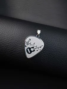 Silver stainless steel guitar pick pendant necklace with music note and signature design.