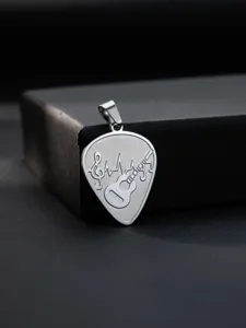Stainless steel guitar pick pendant, music note and heart beat detail close-up