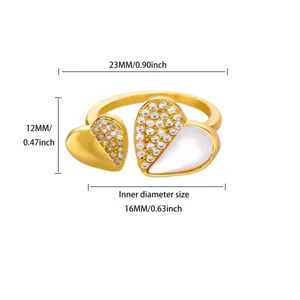Gold stainless steel double heart ring detail view showing dimension and size measurements.