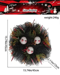 Halloween espeluznante muñeca corona malla negra cráneo sangriento fiesta decoración 45cm
