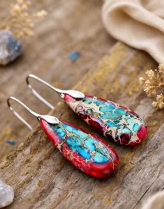 Boucles d'oreilles goutte jaspe impérial bohème crochet argent vintage bijoux