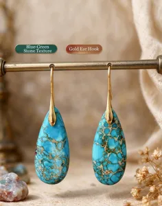 Boucles d'oreilles goutte en pierre turquoise avec crochets dorés, style rétro chic.