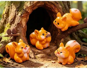Detailweergave van schattige eekhoorn beeldjes, mooie hars miniaturen voor de elfentuin.