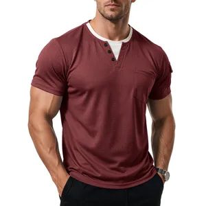 Men's casual short sleeve henley t-shirt with fake two piece collar and chest pocket summer.