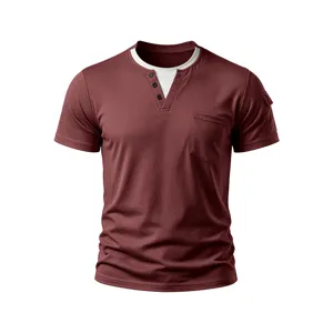 Men short sleeve dark red henley shirt detail view with fake two piece collar and pocket
