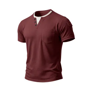 Close-up of men's faux double-layer short sleeve henley t-shirt with chest pocket and buttons.
