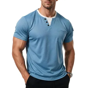 Men's short sleeve Henley t-shirt, fake two piece collar, chest pocket detail, casual top.