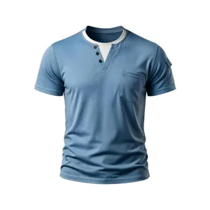 Men's casual fake double layer short sleeve T-shirt with chest pocket and stylish henley collar.