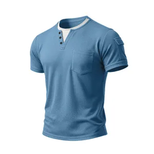 Men's fake double layer short sleeve t-shirt with chest pocket and front buttons detail view.
