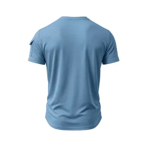 Back view detail of casual blue short sleeve men t-shirt with textured fabric and pocket.
