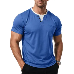 Men's short sleeve Henley t-shirt fake two piece round neck casual slim fit top summer style