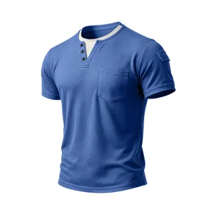 Blue short-sleeve Henley T-shirt detail showing fake double-layer crew neck and chest pocket