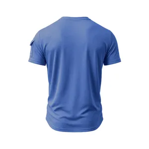 Men's blue tactical short sleeve t-shirt with sleeve pocket and round neck design.