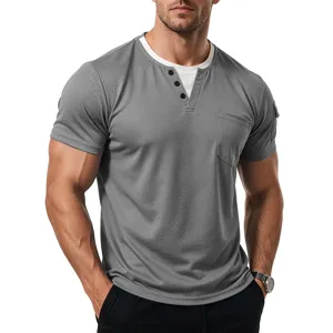 Men short sleeve henley t shirt fake two piece casual summer top with pocket grey male apparel