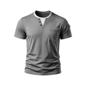 Men's short sleeve t-shirt, fake two-piece crew neck design with buttons and chest pocket.
