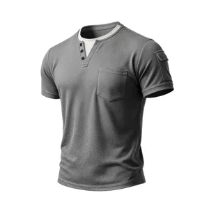 Men's short sleeve fake double layer t-shirt with chest pocket and casual grey design.