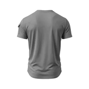 Back view of gray mesh short sleeve t-shirt, breathable summer tactical casual top for men.