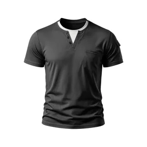 Men's short sleeve Henley t-shirt, fake two-piece crew neck design with chest pocket.