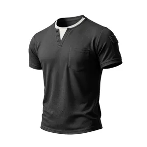 Men's short sleeve Henley t-shirt fake two-piece crewneck casual top with chest pocket.
