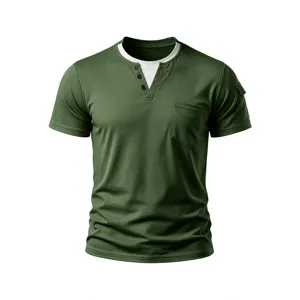 Detail view of men's short-sleeve green Henley t-shirt showing fake double layer and pocket.