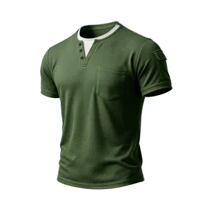 Men's short sleeve Henley t-shirt fake two piece pocket military green summer top casual