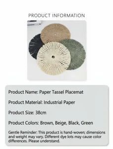 Detailed view of round paper braided fringe placemat showing texture and color options.